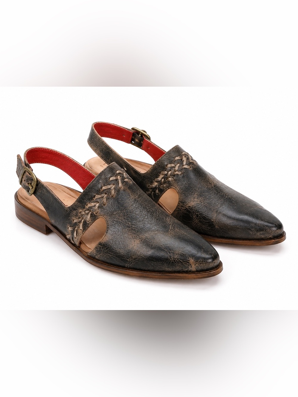 BED STU Join Slingback Flats Womens 7.5 Black Distressed Leather Whipstitch